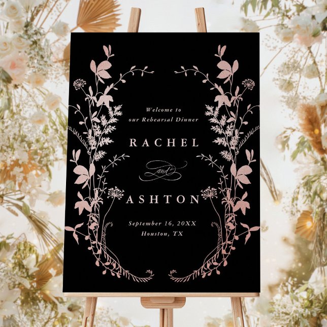 Poster Dîner de répétition de Fleur sauvage noir et Rose (Créateur téléchargé)