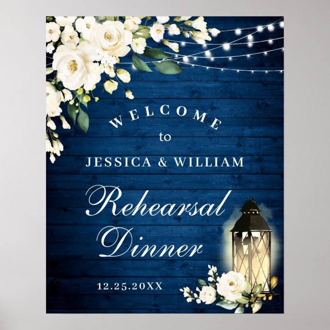 Poster Dîner de répétition Rose Blush Lantern Blue Wood (Devant)