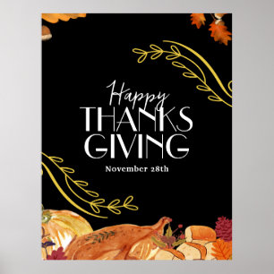 Poster Dîner de Thanksgiving élégant noir imprimable