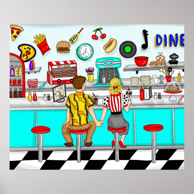 Poster Diner des années 50 | Mains de retenue de couple (Devant)