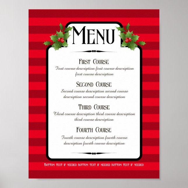 Poster Dîner Holly fête Noël menu de la restauration (Devant)