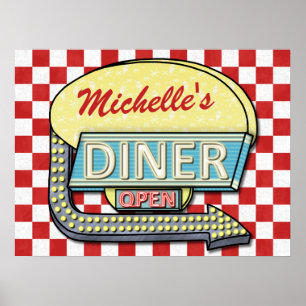 Poster Diner Retro les années 50 Red À damiers  Nom perso