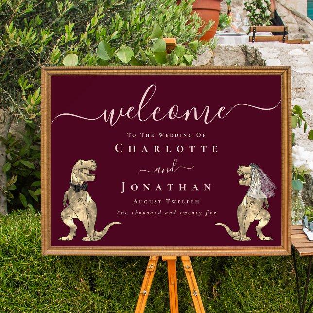 Poster Dinosaur Burgundy Blush Pink Wedding Welcome (Elegant dark burgundy blush pink Dinosaur wedding welcome poster sign T-Rex bride and groom)