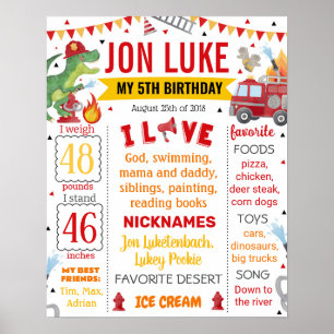 Poster Dinosaur Dino Pompier Camion Anniversaire 1069