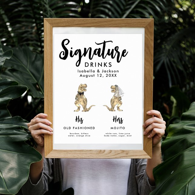 Poster Dinosaur Mariage Mariée et signature de chambre Bo (Funny Dinosaur bride and groom wedding signature drinks poster)