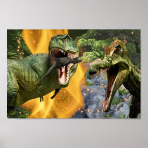 Poster Dinosaur T-rex combat flammes garçons Dino thème