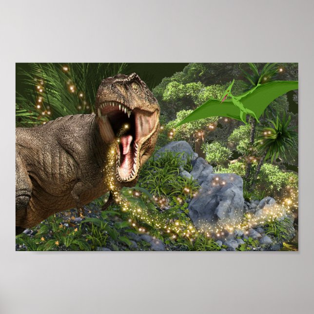Poster Dinosaur T-rex fées magiques lumières Dino fête à  (Devant)