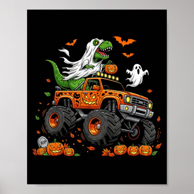 Poster Dinosaur T-rex Riding Monster Truck Halloween Men  (Devant)