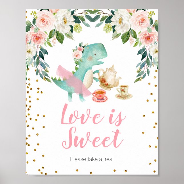 Poster Dinosaur Tea Party Baby shower L'amour est doux (Devant)