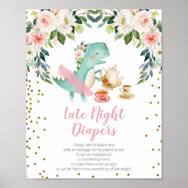 Poster Dinosaur Tea Party Baby shower tard la nuit Diapos (Devant)