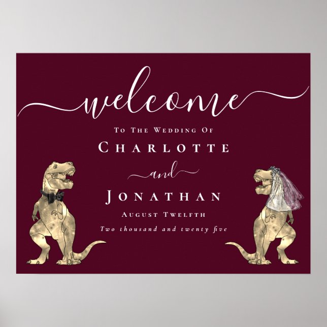 Poster Dinosaur Theme Burgundy Wine Wedding Welcome (Devant)