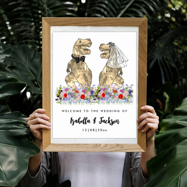 Poster Dinosaur Thème Fleur sauvage Mariage Bienvenue (Dinosaur themed wedding fun T-Rex bride and groom in wildflower meadow custom wedding welcome poster)
