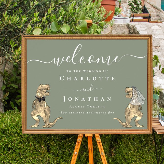 Poster Dinosaur Theme Sage Green Wedding Welcome (Dinosaur T-Rex bride and groom elegant sage green wedding welcome sign poster)