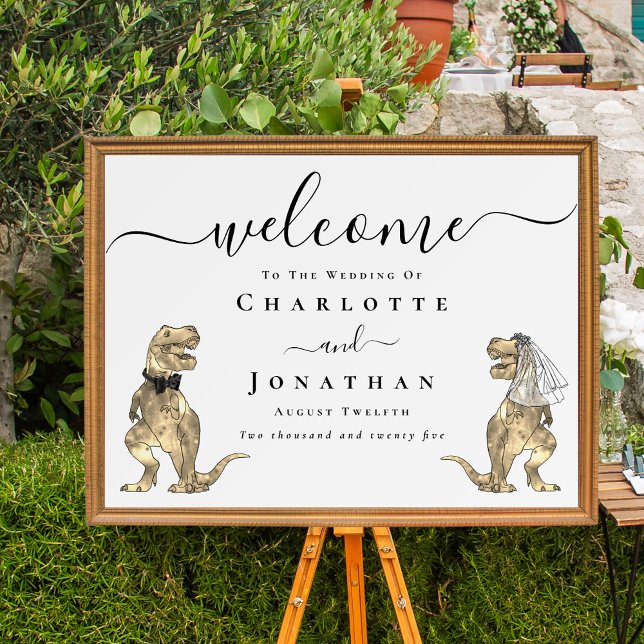 Poster Dinosaur Theme Wedding Welcome (Dinosaur wedding welcome poster Funny T-Rex bride and groom elegant script)