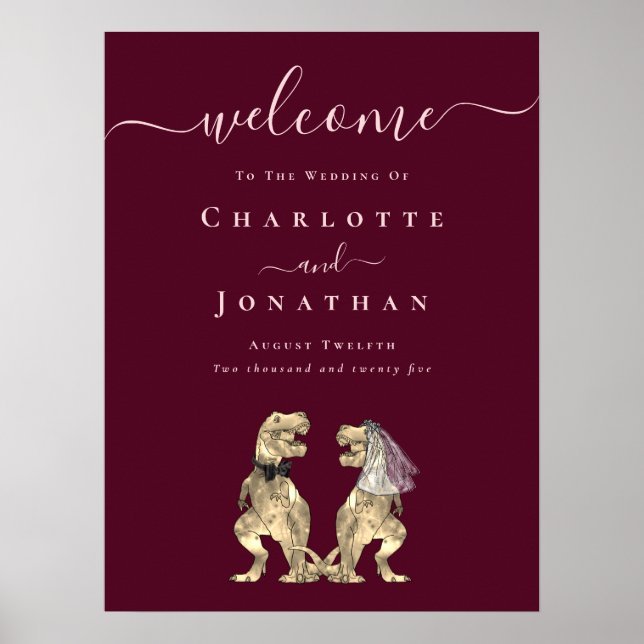 Poster Dinosaur Wedding Welcome Burgundy Wine Blush Pink (Devant)