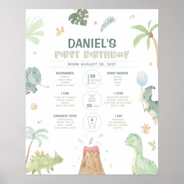 Poster Dinosaure 1er Anniversaire Jalon Graphique (Devant)