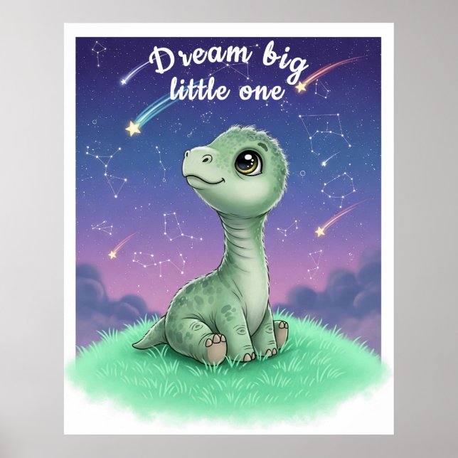 Poster Dinosaure bébé sur le ciel nocturne, Nursery perso (Devant)