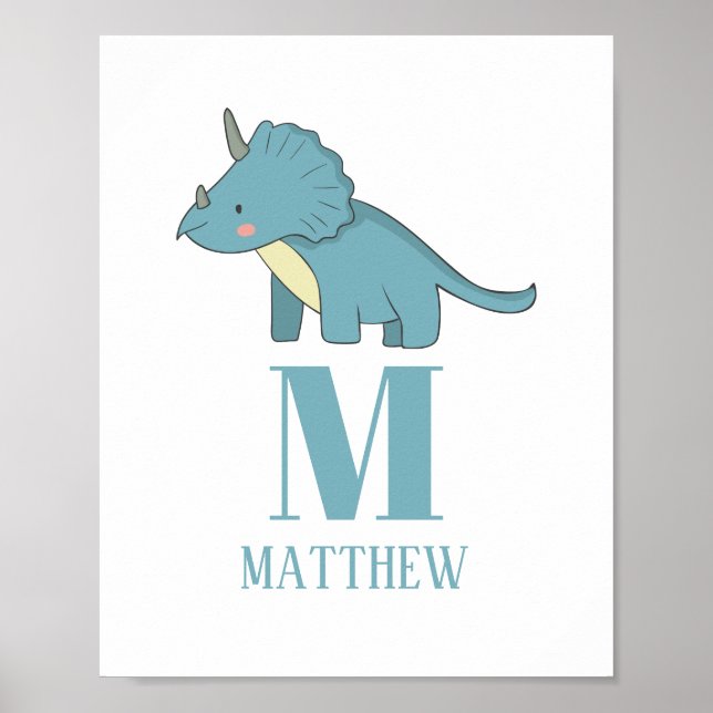 Poster Dinosaure bleu. Bébé garçon. monogramme animal. Pé (Devant)