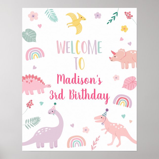 Poster Dinosaure Boho Rose Bienvenue (Devant)