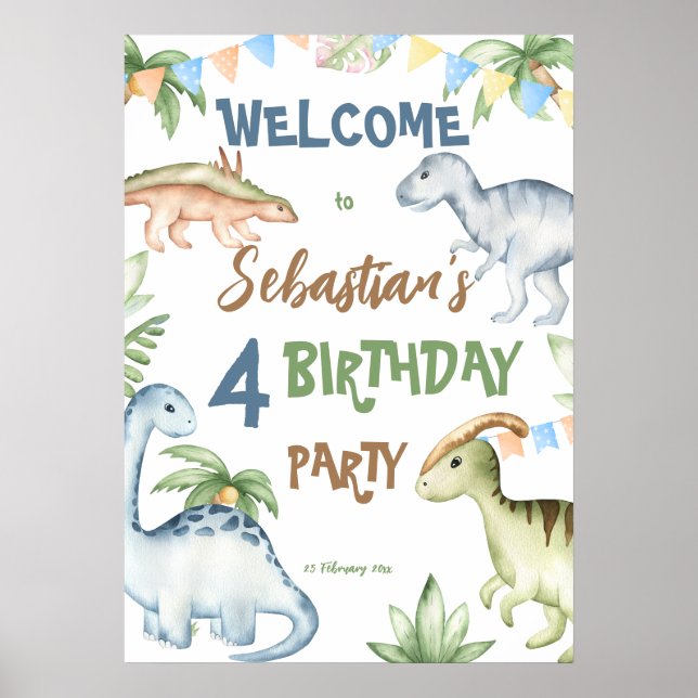 Poster Dinosaure coloré fête d'anniversaire enfant bienve (Devant)