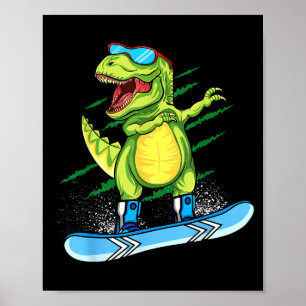 Poster Dinosaure dabbing faisant du snowboard montagne t