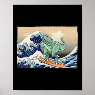 Poster Dinosaure drôle, T Rex surfant, Art de dinosaure,