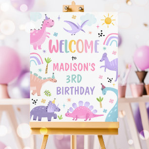 Poster Dinosaure fille rose fête d'anniversaire Bienvenue