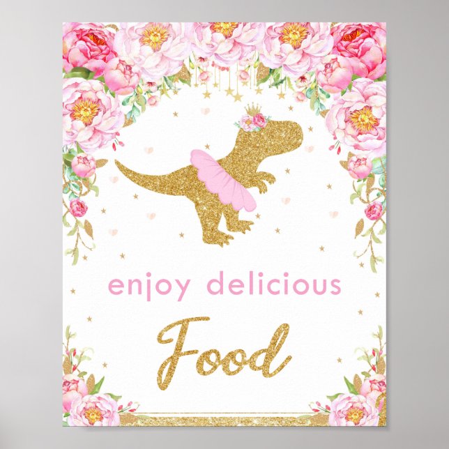 Poster Dinosaure Floral Anniversaire Fête T-Rex Food Sign (Devant)