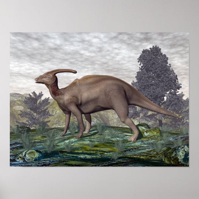 Poster Dinosaure parasaurolophus parmi les gingeniers (Devant)