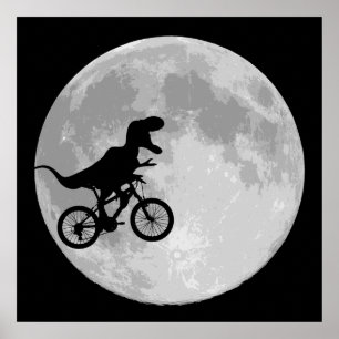 Poster Dinosaure sur un vélo dans le ciel avec la lune
