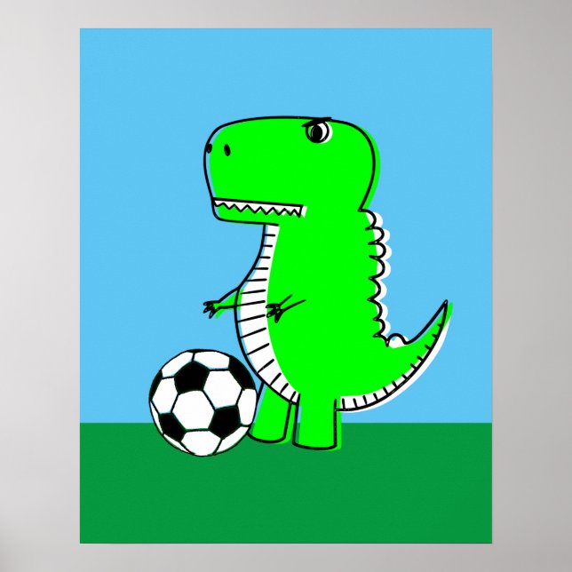 Poster Dinosaure vert adore le football (Devant)