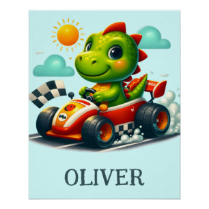 Poster Dinosaure vert mignon dans une voiture de course