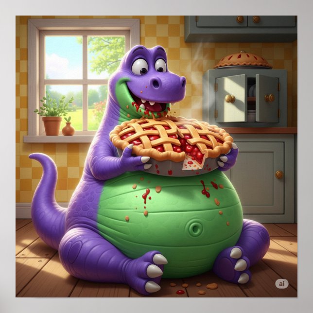 Poster Dinosaure Violet Profitant De La Tarte (Devant)