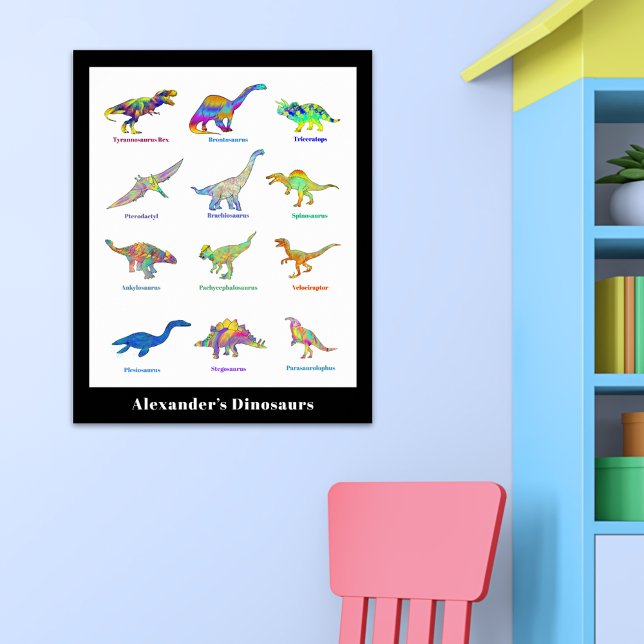 Poster Dinosaures avec des noms colorés (colorful dinosaurs with names personalized poster)