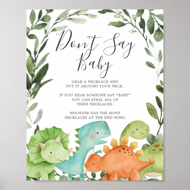 Poster Dinosaures Baby shower ne pas dire bébé signe (Devant)