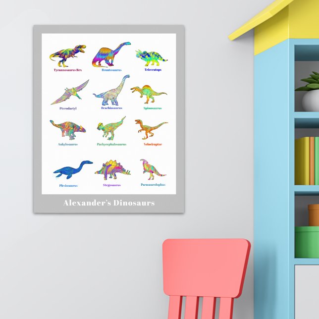 Poster Dinosaures colorés avec des noms Éducatif (Colorful Dinosaurs with names educational custom poster with gray boarder)