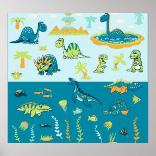 Poster Dinosaures de dessin : Jeu de terre et de mer