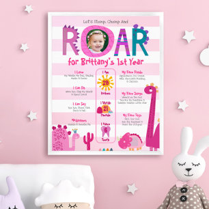 Poster Dinosaures roses Photo Girl 1er anniversaire Jalon