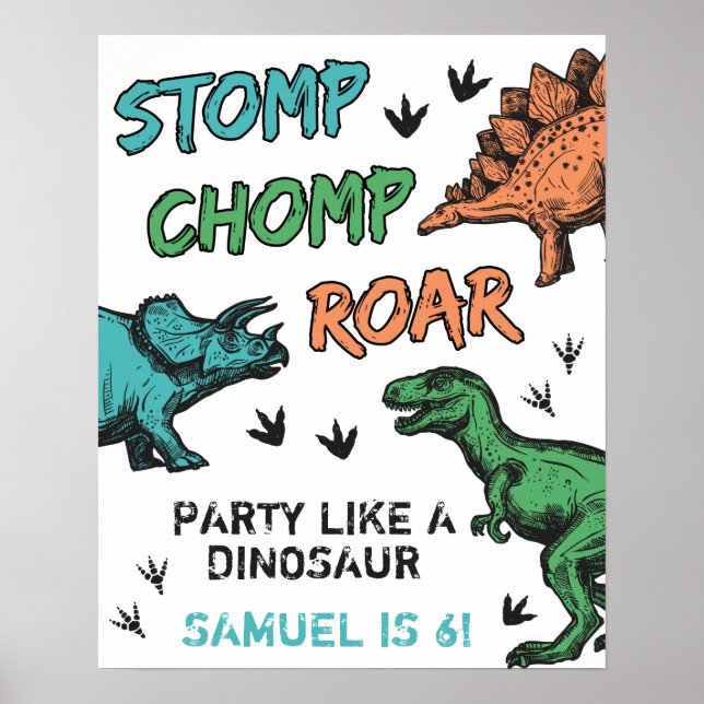 Poster Dinosaures Stomp Chomp Roar Anniversaire fête, n'i (Devant)