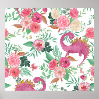 Poster Dinosaures Vintage motif floral