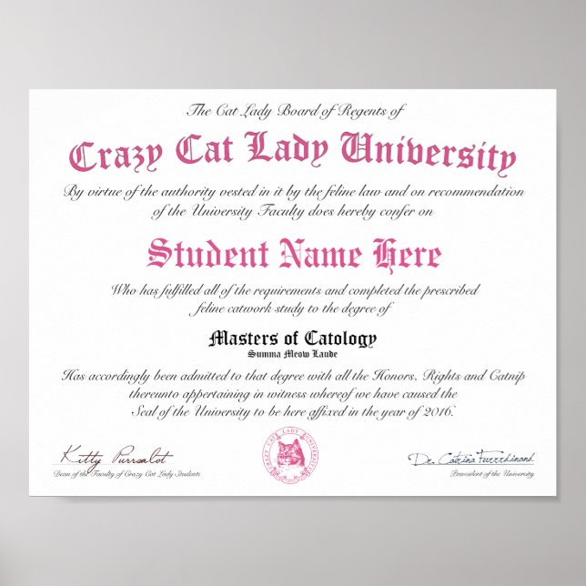 Poster Diplôme CCLU - Sceau rose - Portrait de chat (Devant)