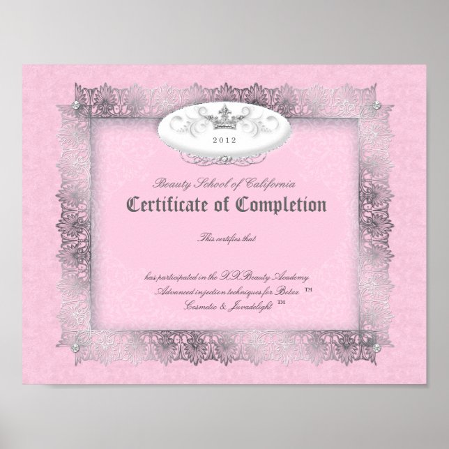 Poster Diplôme de beauté Certificat d'achèvement rose (Devant)