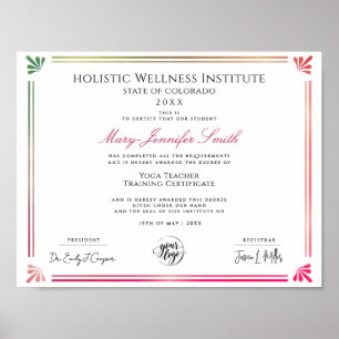Poster Diplôme de certificat de bien-être de yoga coloré