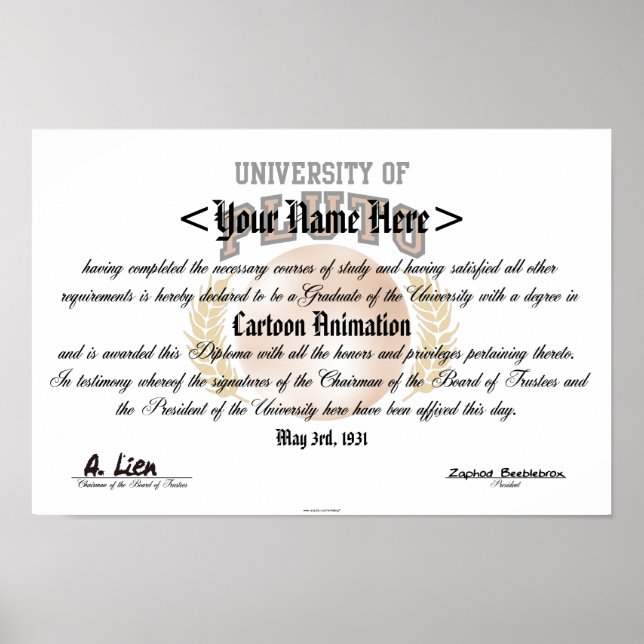 Poster Diplôme de l'Université de Pluto (Devant)