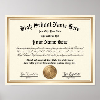 Poster Diplôme d'études secondaires à cadre doré, école à