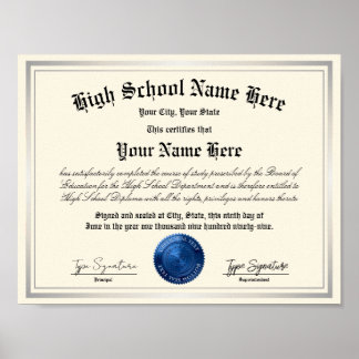 Poster Diplôme d'études secondaires avec sceau bleu, écol
