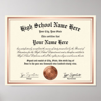 Poster Diplôme d'études secondaires avec sceau en cuivre,
