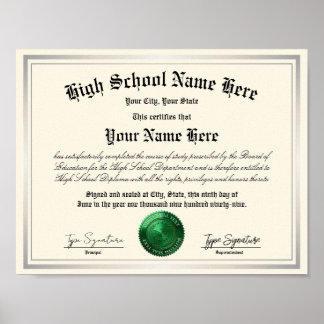 Poster Diplôme d'études secondaires avec sceau vert, écol