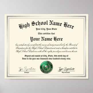 Poster Diplôme d'études secondaires scellé Vert-Argent, é