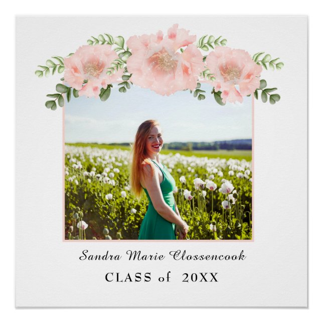 Poster Diplôme floral rose chic Classe blanche 2021 (Devant)